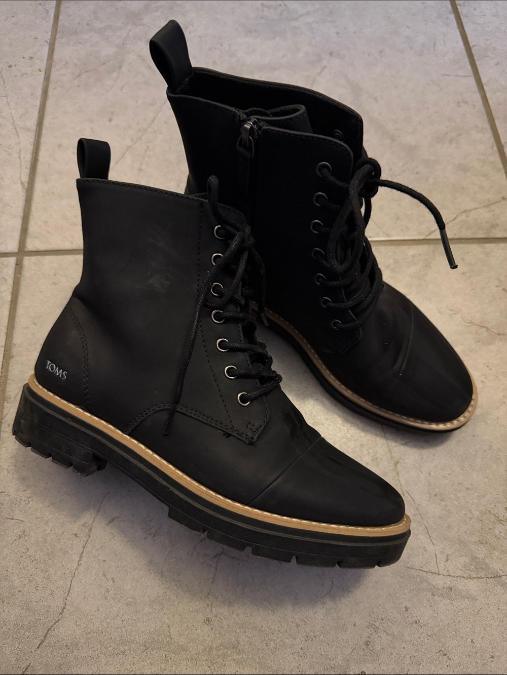 Toms Black Leather Lug Sole Lace-Up Boots